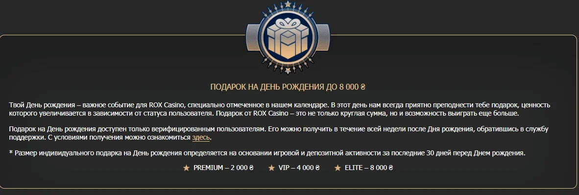 Картка подарунка Rox Casino до дня народження за статусами PREMIUM, VIP і ELITE