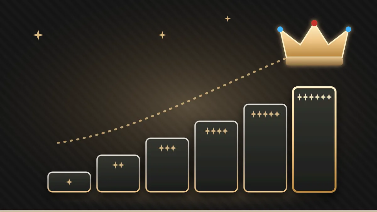 Иллюстрация статусов Rox Casino: шесть ступеней от New до Elite и корона над вершиной