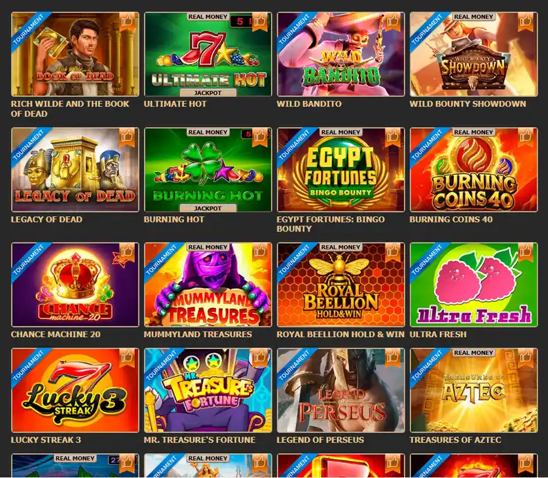 Каталог слотов Rox Casino с метками турниров и игры на реальные деньги